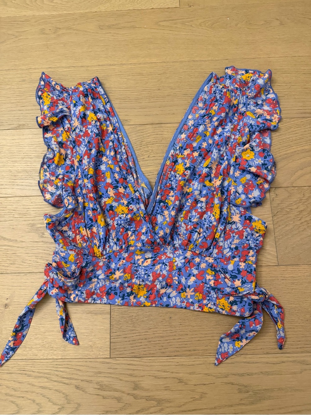 Free People Floral Ruffle Tie-Back Crop Top - Blue Multi